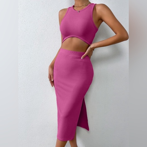 Ribbed Round Neck Tank and Slit Skirt Sweater Set - Picture 1 of 6